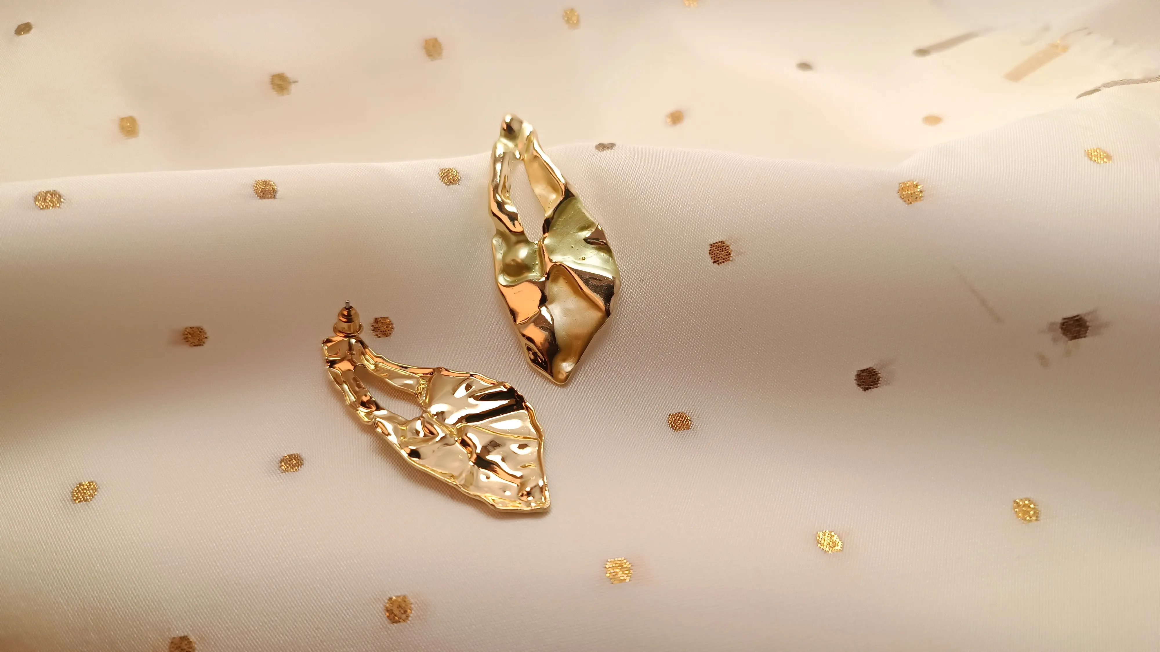 Gold Plated Abstract Molten Earrings – Sculptural Liquid Metal Drop Studs in Stainless Steel